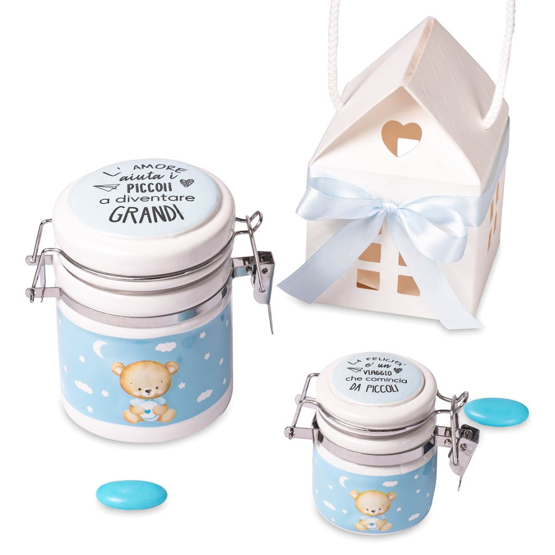 Bomboniere Battesimo e Nascita 2024 Linea Baby Box Barattolino Orsetto  Celeste con frase