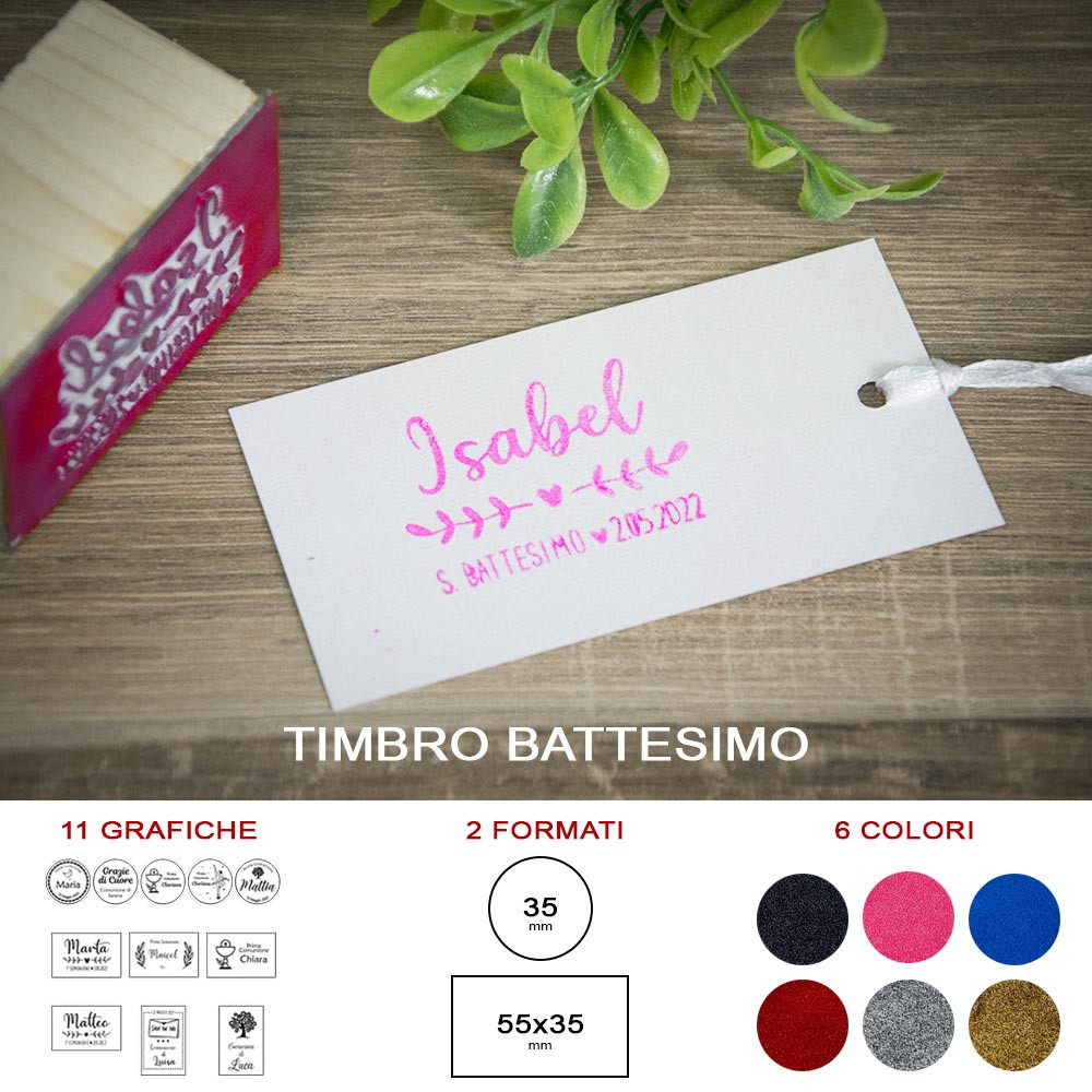 Timbro in gomma per Battesimo, Personalizzato con cuori e Nome Bambina