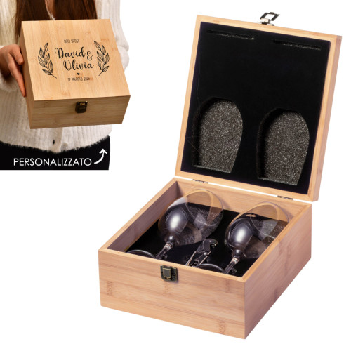 Idea Regalo o bomboniera importante set vino 2 calici con apribottiglie e scatola bamboo personalizzabile