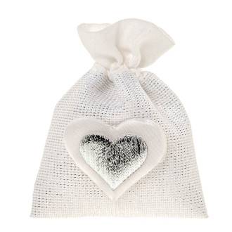 Sacchettini portaconfetti Elegante in tessuto bianco con Ciondolo Cuore Love