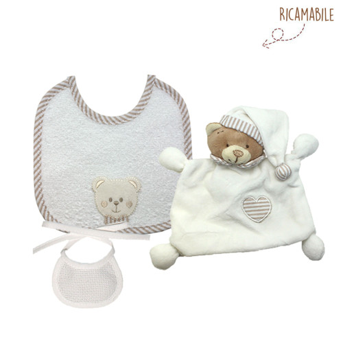 Kit 3 pz Orsetto Doudou + bavaglio + bavaglino ricamabile