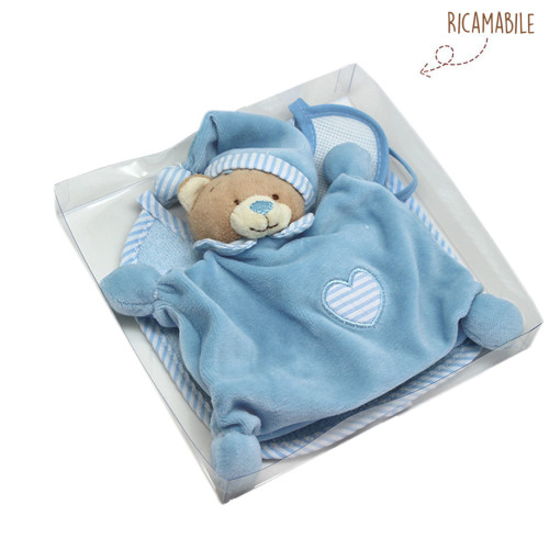 Kit 3 pz Orsetto Doudou + bavaglio + bavaglino ricamabile