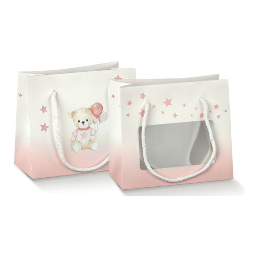 Shopper Linea Baby per bomboniere con orsetto e palloncini rosa e celeste