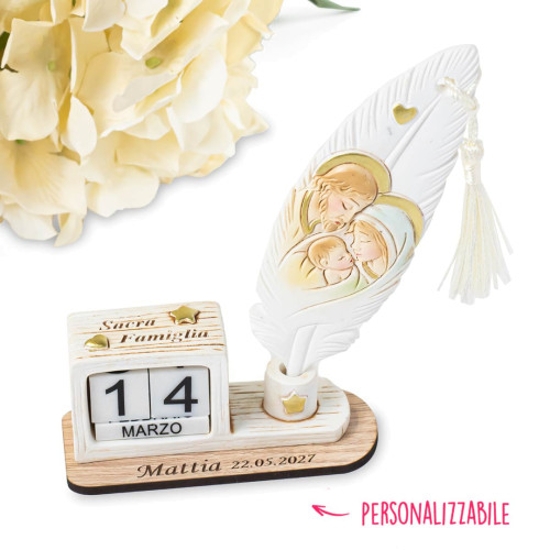 Bomboniere Linea Plume 2025 Icona Piuma con nappina e calendario Sacra Famiglia personalizzabile