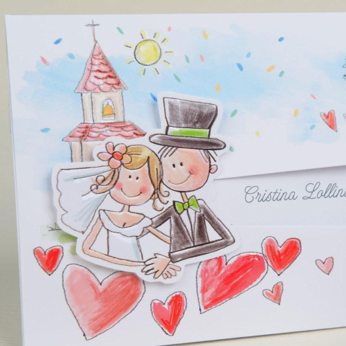 Partecipazioni Matrimonio Originali con sposi disegno stile bambino - Cicogna