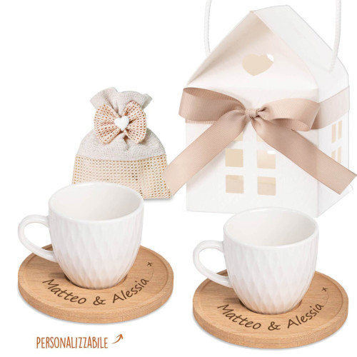 Bomboniera Set 2 Tazzine da caffè con base in bamboo personalizzabile