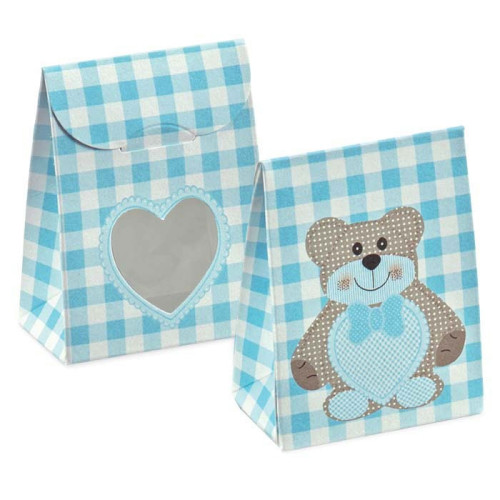 Scatoline portaconfetti 5 x 7 x 5 cm cubetto Battesimo Teddy Bear Celeste  con fiocco - ingrocartgroup