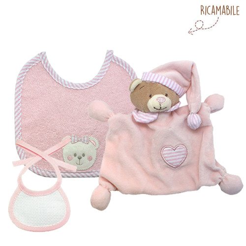 Kit 3 pz Orsetto Doudou + bavaglio + bavaglino ricamabile