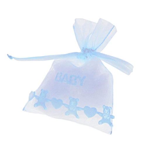 sacchetto porta confetti in organza celeste, con orsi e scritta baby, completi di tirante in raso come in foto, prezzo promozionale, misura 8x10 cmsacchetto porta confetti in organza celeste, con orsi e scritta baby, completi di tirante in raso 