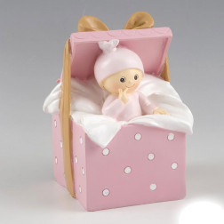 CAKE TOPPER NASCITA/BATTESIMO BIMBA CON CUSCINO ROSA 16x10x14cm