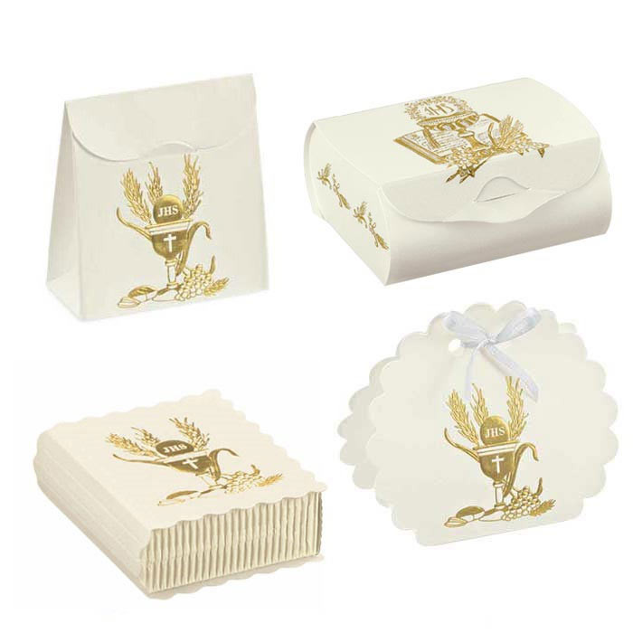 scatoline porta confetti per bomboniere comunione con simbolo calice e  spighe oro