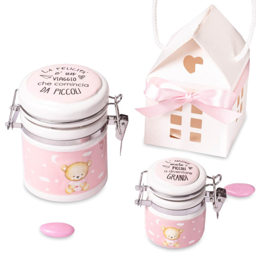 Bomboniere Battesimo e Nascita 2024 Linea Baby Box Barattolino Orsetto Rosa con frase